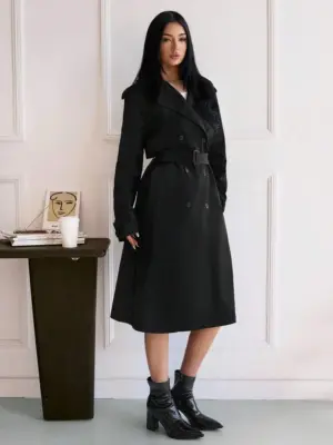 Black Double-Breasted Belted Midi Trench Coat