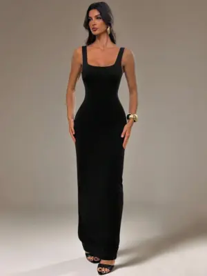 Black Women's Square Neck Mermaid Maxi Dress