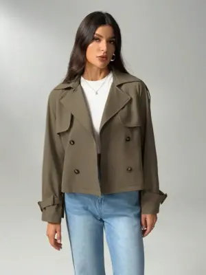 Brown Beige Button-Down Belted Short Trench Coat