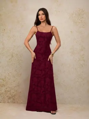 Burgundy Jacquard Knitted Cami Maxi Dress