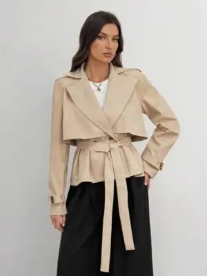 Camel Double-Breasted Belted Short Trench Coat