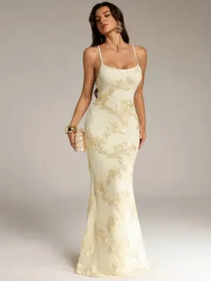 Light Yellow Jacquard Open-Back Maxi Dress