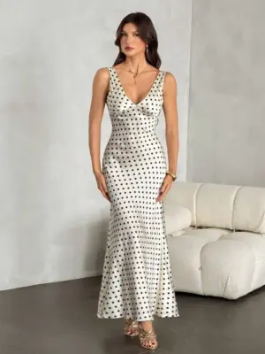 White Polka Dot Ruched Mermaid Maxi Dress